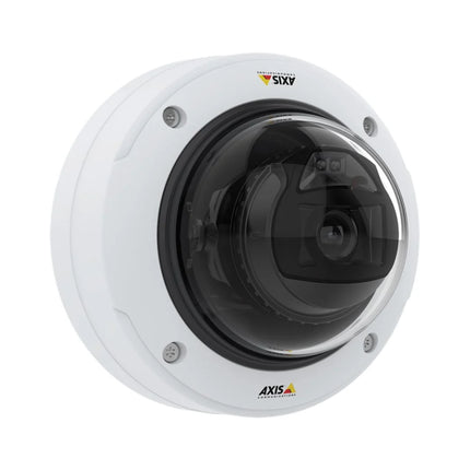 Detailed interior view of the AXIS P3268-LVE showing the varifocal 4K lens, OptimizedIR LED illuminators, and deep learning processing hardware.