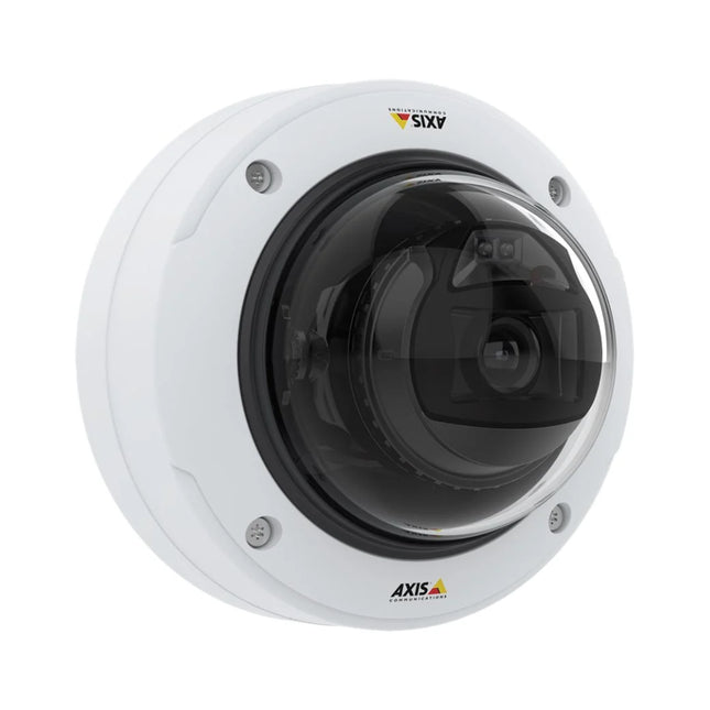 Detailed interior view of the AXIS P3268-LVE showing the varifocal 4K lens, OptimizedIR LED illuminators, and deep learning processing hardware.