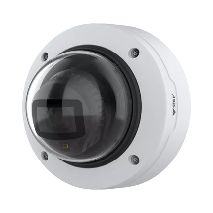 Low-profile AXIS P3275-LV dome camera ceiling-mounted in a corporate lobby, demonstrating its clean architectural integration.