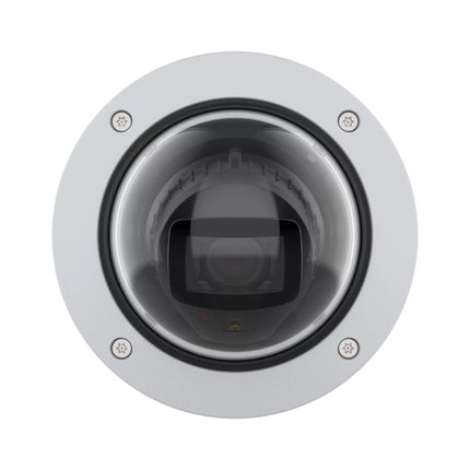 Close-up of the AXIS P3275-LVE 29 mm telephoto varifocal lens showcasing the advanced optical elements for long-range security surveillance.