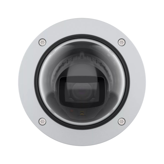 Close-up of the AXIS P3275-LVE 29 mm telephoto varifocal lens showcasing the advanced optical elements for long-range security surveillance.