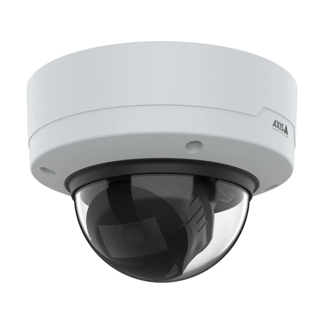 Front perspective of the compact AXIS P3275-V indoor vandal-resistant dome network camera showcasing its discreet, low-profile casing.