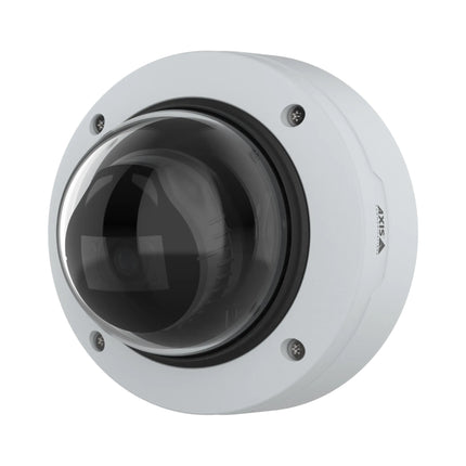 Close-up of the interior structure of the AXIS P3275-V showing the adjustable varifocal lens and 3-axis camera angle gimbal for precise positioning.