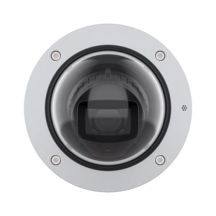 An illustrative graphic showing the AXIS P3285-LV camera running edge-based AXIS Object Analytics and Audio Analytics powered by the next-generation ARTPEC-9 chipset.
