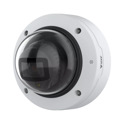 Close-up view beneath the clear bubble of the AXIS P3285-LV, highlighting the 3.4 to 9.8 mm motorised varifocal P-Iris lens flanked by power-efficient OptimizedIR LEDs.