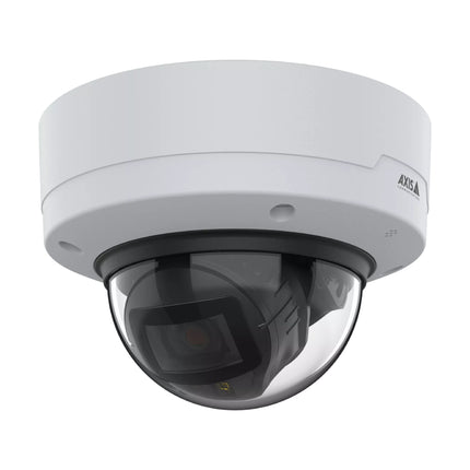 Front view of the AXIS P3285-LVE 29 mm outdoor AI dome camera highlighting its integrated telephoto optical lens structure and OptimizedIR LEDs.