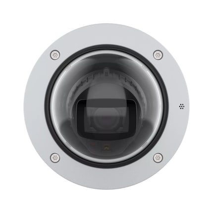 Detailed view of the 10.8-28.2 mm telephoto varifocal lens element inside the AXIS P3285-LVE housing.
