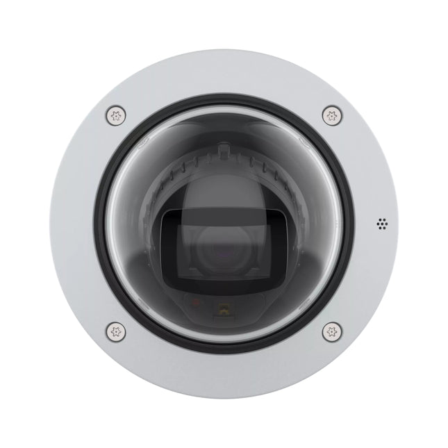 Detailed view of the 10.8-28.2 mm telephoto varifocal lens element inside the AXIS P3285-LVE housing.