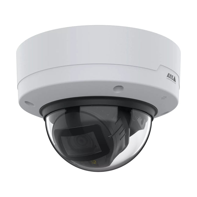 Front structural view of the AXIS P3288-LV 4K AI indoor dome camera showing its high-clarity dome dome ring and OptimizedIR LED indicators.