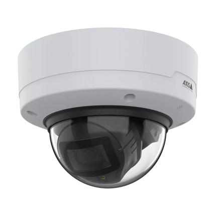 Front view of AXIS P3288-LVE highlighting the ARTPEC-9 processing unit and integrated audio sensor for real-time sound classification.