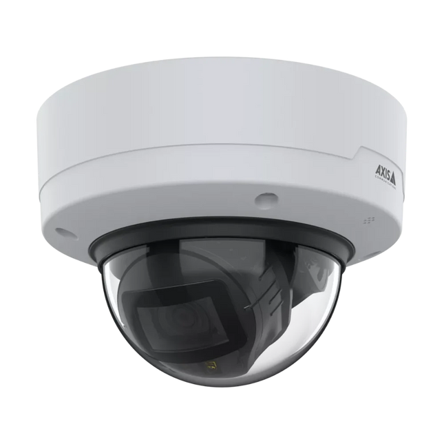 Front view of AXIS P3288-LVE highlighting the ARTPEC-9 processing unit and integrated audio sensor for real-time sound classification.