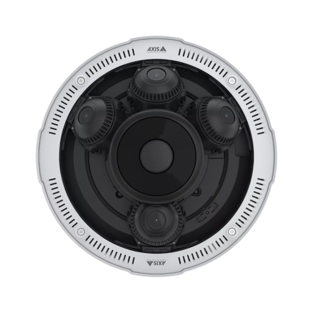 Close-up view of the four individually repositionable 2MP varifocal camera heads inside the AXIS P3735-PLE dome.