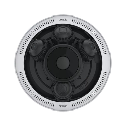 The AXIS P3737-PLE outdoor multisensor camera mounted on a clean white wall bracket, highlighting its rugged weather-shielded design.