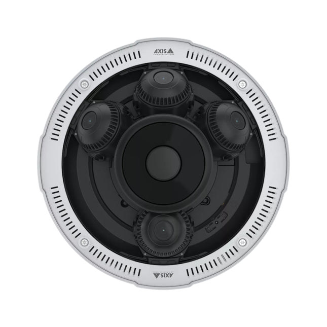The AXIS P3737-PLE outdoor multisensor camera mounted on a clean white wall bracket, highlighting its rugged weather-shielded design.