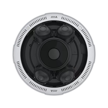Close-up view of the four independently adjustable camera heads on the AXIS P3737-PLE, displaying its 360-degree high-power IR LED illumination.