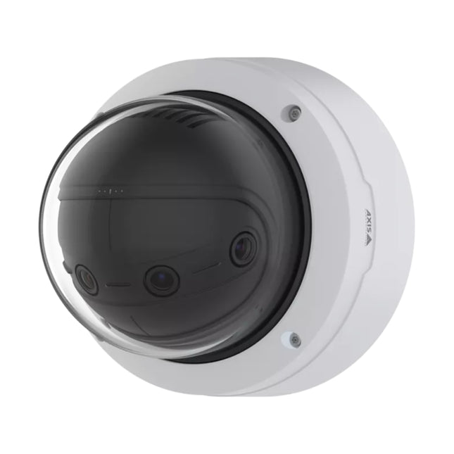 Angled front view of the AXIS P3827-PVE outdoor panoramic camera showing its multi-sensor array under a clear protective dome and white weather shield