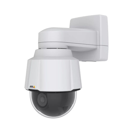 AXIS P5655-E 1080p outdoor-ready PTZ dome network camera with its durable white aluminum casing and smooth clear lower dome lower assembly.