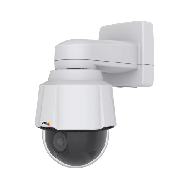 AXIS P5655-E 1080p outdoor-ready PTZ dome network camera with its durable white aluminum casing and smooth clear lower dome lower assembly.