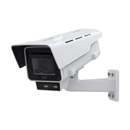 AXIS Q1656-LE 4MP outdoor-ready box camera front perspective displaying the weather-proof protective housing, integrated wiper, and IR window mount.