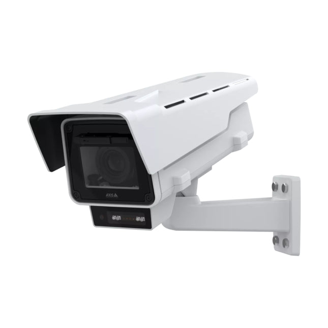 AXIS Q1656-LE 4MP outdoor-ready box camera front perspective displaying the weather-proof protective housing, integrated wiper, and IR window mount.