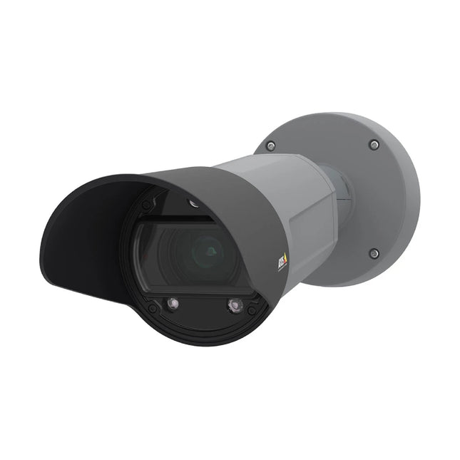 Angled side profile view of the gray AXIS Q1700-LE outdoor license plate camera featuring an integrated black weather hood and heavy-duty mounting arm
