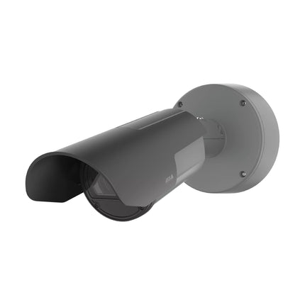 AXIS Q1800-LE-3 4K UHD outdoor bullet network camera with integrated sunshield and mounting arm.