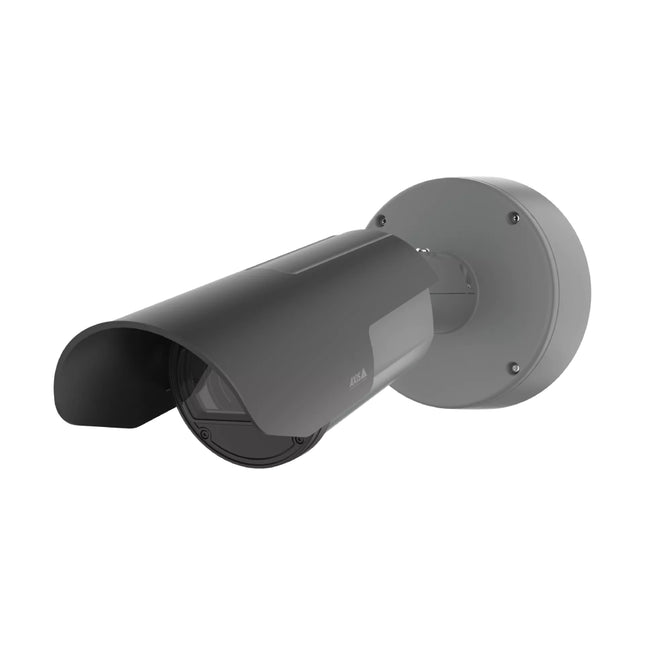 AXIS Q1800-LE-3 4K UHD outdoor bullet network camera with integrated sunshield and mounting arm.