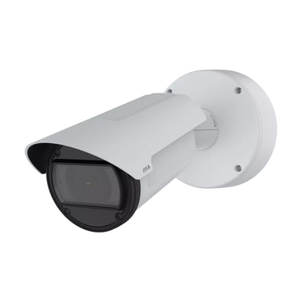 Side profile view of the AXIS Q1805-LE outdoor-ready bullet camera with its integrated sunshield and heavy-duty mount.