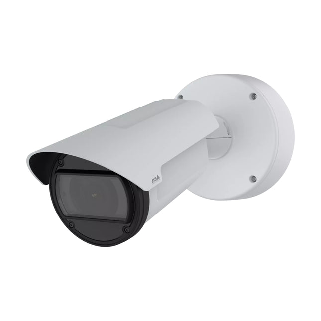 Side profile view of the AXIS Q1805-LE outdoor-ready bullet camera with its integrated sunshield and heavy-duty mount.