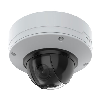 Front angle view of the AXIS Q3538-LVE 4K outdoor dome camera showing its heavy-duty IK10+ vandal-resistant white casing and integrated weather shield