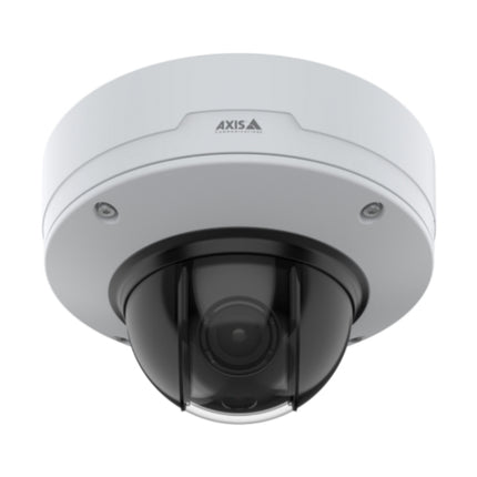 Close-up view of the AXIS Q3538-LVE optical assembly featuring the 4K motorized varifocal lens and surrounding OptimizedIR LED array