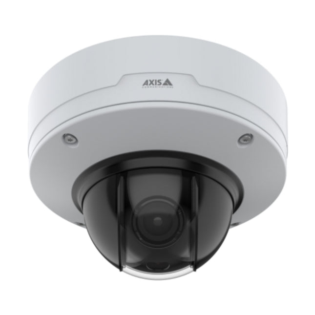 Close-up view of the AXIS Q3538-LVE optical assembly featuring the 4K motorized varifocal lens and surrounding OptimizedIR LED array