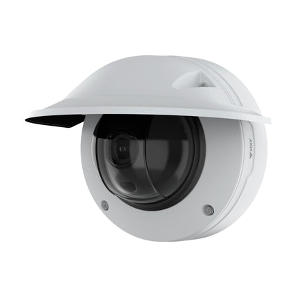 Rear perspective of the AXIS Q3538-LVE camera housing displaying IP66 and IP6K9K weather-sealed cable grommets and Ethernet PoE connector