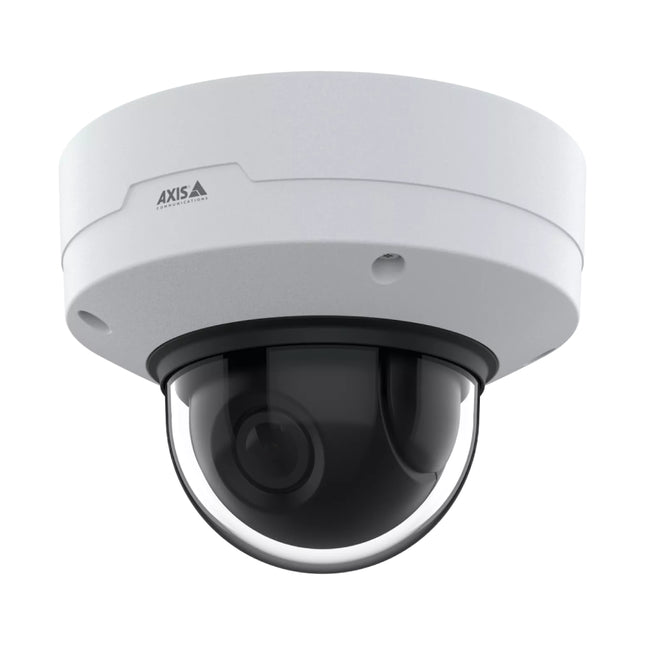 Front view of the rugged white AXIS Q3626-VE 4K outdoor dome camera showing its impact-resistant dome shield.