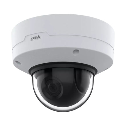 Angled front view of the white AXIS Q3628-VE 4K outdoor dome camera showcasing its ruggedized IP66 and IK10 vandal-resistant housing