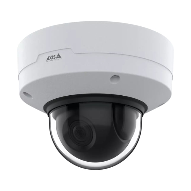 Angled front view of the white AXIS Q3628-VE 4K outdoor dome camera showcasing its ruggedized IP66 and IK10 vandal-resistant housing