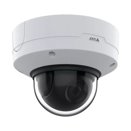 Close-up view of the AXIS Q3628-VE camera glass dome highlighting the internal remote pan-tilt-roll-zoom motorized lens assembly