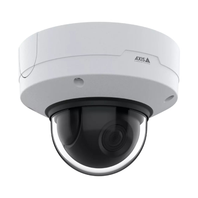 Close-up view of the AXIS Q3628-VE camera glass dome highlighting the internal remote pan-tilt-roll-zoom motorized lens assembly