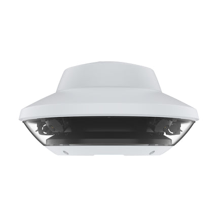 Angled view of the white AXIS Q6010-E outdoor 360-degree multi-sensor panoramic camera with protective weather housing