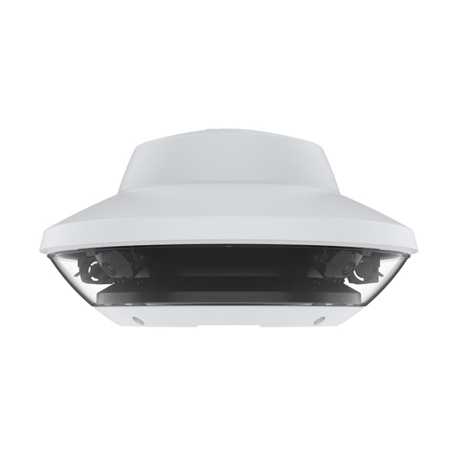 Angled view of the white AXIS Q6010-E outdoor 360-degree multi-sensor panoramic camera with protective weather housing