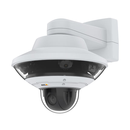 Bottom view of the AXIS Q6010-E camera showing the central mounting bay designed to dock an AXIS Q60-E PTZ camera with High PoE pass-through