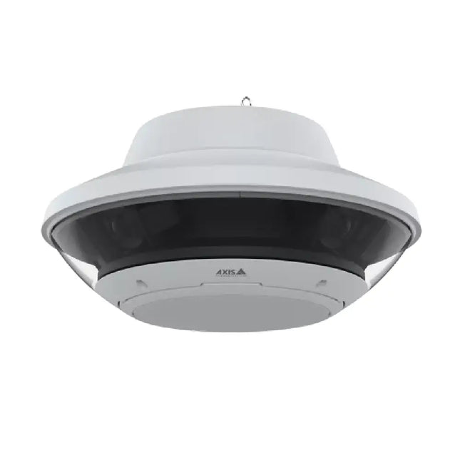 Wall-mounted AXIS Q6020-E network camera overlooking a large commercial parking lot and perimeter security zone.