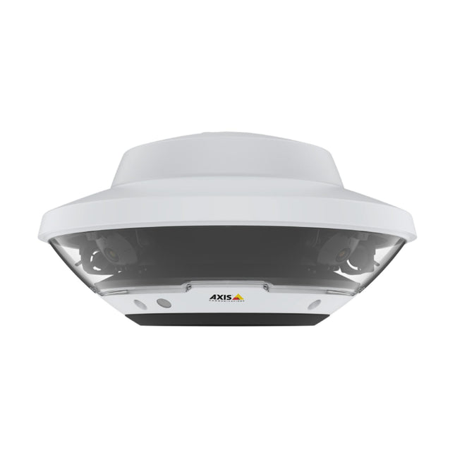 Angled perspective view of the white AXIS Q6100-E outdoor 360-degree multi-sensor panoramic camera with weather shield housing