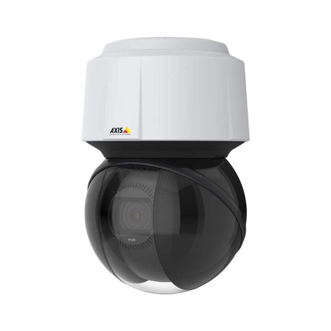 Close-up view of the AXIS Q6135-LE camera lens module displaying the 32x optical zoom assembly and integrated long-range OptimizedIR LEDs