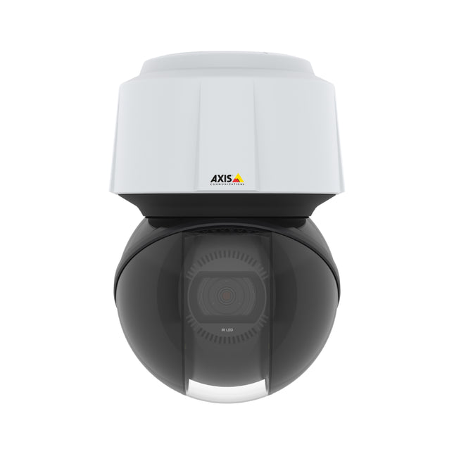 Angled side profile of the white AXIS Q6135-LE PTZ camera showing its compact dome housing and wall-mount bracket