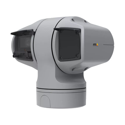 Close-up of AXIS Q6225-LE 31x zoom lens flanked by long-range 400m OptimizedIR LEDs and integrated wiper blade.
