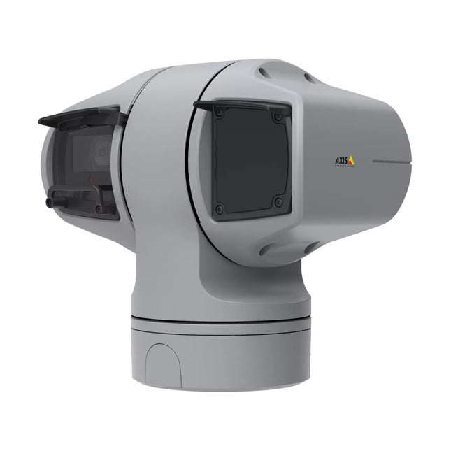 Close-up of AXIS Q6225-LE 31x zoom lens flanked by long-range 400m OptimizedIR LEDs and integrated wiper blade.