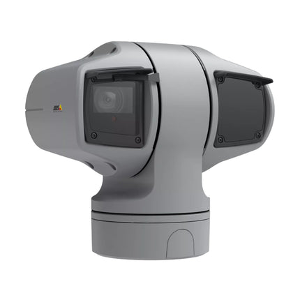 AXIS Q6225-LE rugged pan-tilt base mechanism showing High PoE 802.3bt connection interface and heavy-duty mounting plate.