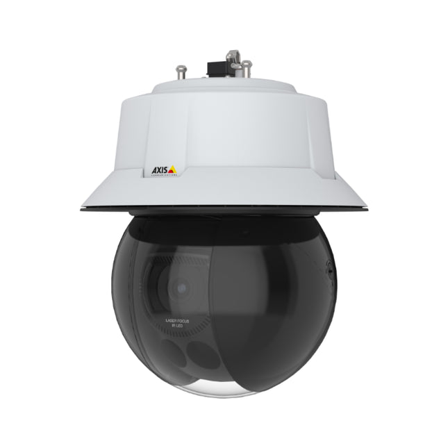 Front angle view of the AXIS Q6315-LE high-end outdoor PTZ camera featuring its protective weather sunshield and clear lower dome housing