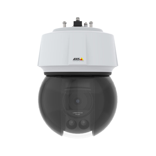 Close-up view of the AXIS Q6315-LE internal camera module displaying the 31x optical zoom lens, laser focus window, and long-range IR LEDs